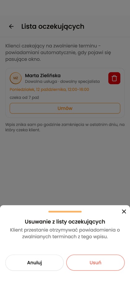 Okno „Usuwanie z listy oczekujących” z przyciskiem potwierdzającym usunięcie.