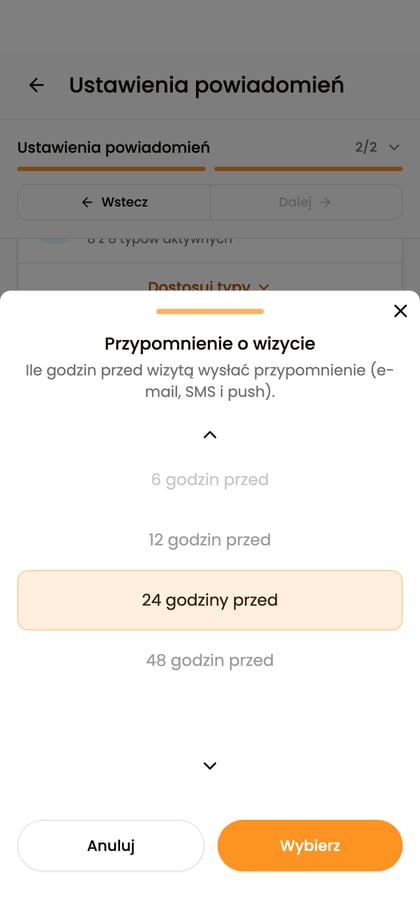 Wybór czasu pierwszego przypomnienia o wizycie z zaznaczoną opcją „24 godziny przed”.