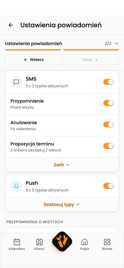 Rozwinięty kanał „SMS” z typami „Przypomnienie”, „Anulowanie” i „Propozycja terminu”.