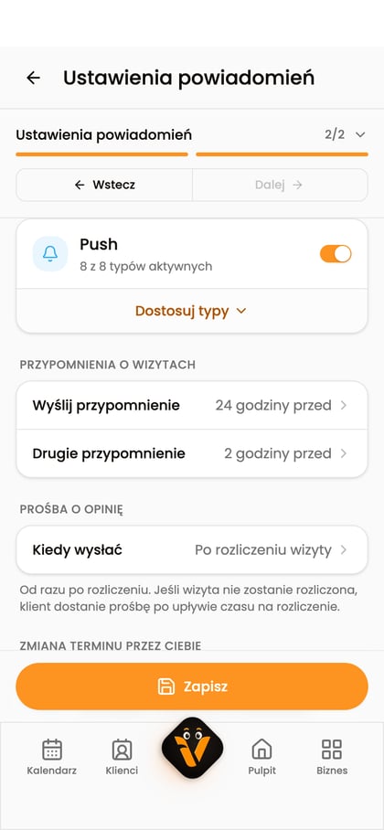 Ustawione drugie przypomnienie o wizycie i przycisk „Zapisz”.