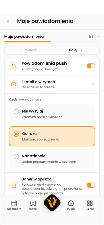 Rozwinięte ustawienie „E-mail o wizytach” z opcjami „Od razu” i „Raz dziennie”.