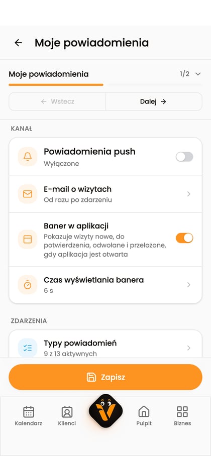 Wyłączony przełącznik „Powiadomienia push” i przycisk „Zapisz”.