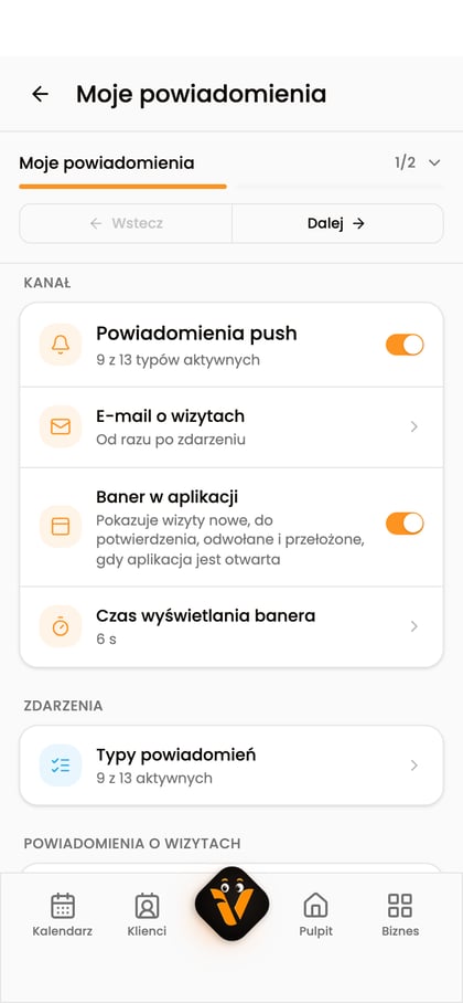 Ekran Moje powiadomienia na telefonie z przełącznikiem Powiadomienia push i sekcją E-mail o wizytach.