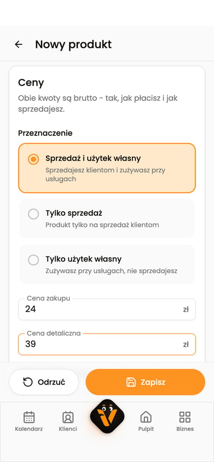 Sekcja „Ceny” z przeznaczeniem „Sprzedaż i użytek własny” oraz polami „Cena zakupu” i „Cena detaliczna”.