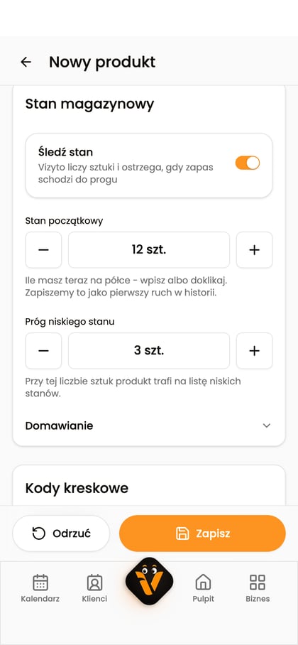Sekcja „Stan magazynowy” z włączonym śledzeniem, stanem początkowym 12 sztuk i progiem 3 sztuk.