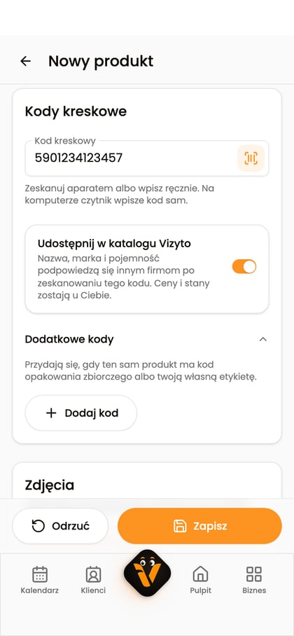 Sekcja „Kody kreskowe” z kodem GTIN, opcją udostępnienia w katalogu Vizyto i rozwiniętymi dodatkowymi kodami.