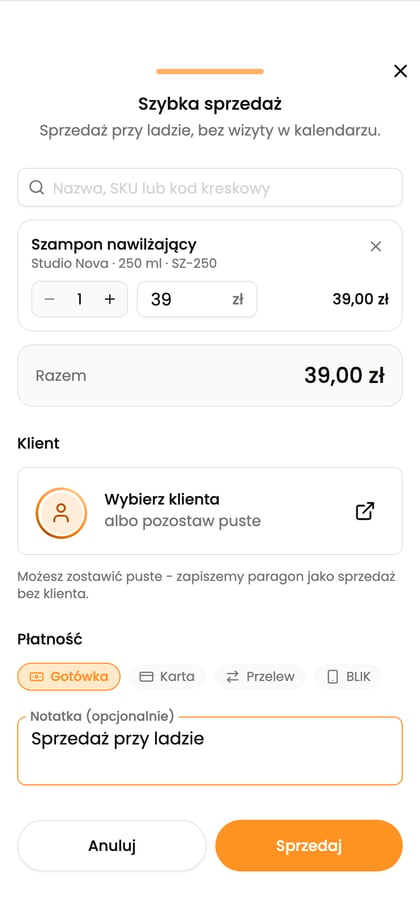 Szybka sprzedaż z wybraną płatnością, notatką i aktywnym przyciskiem „Sprzedaj”.
