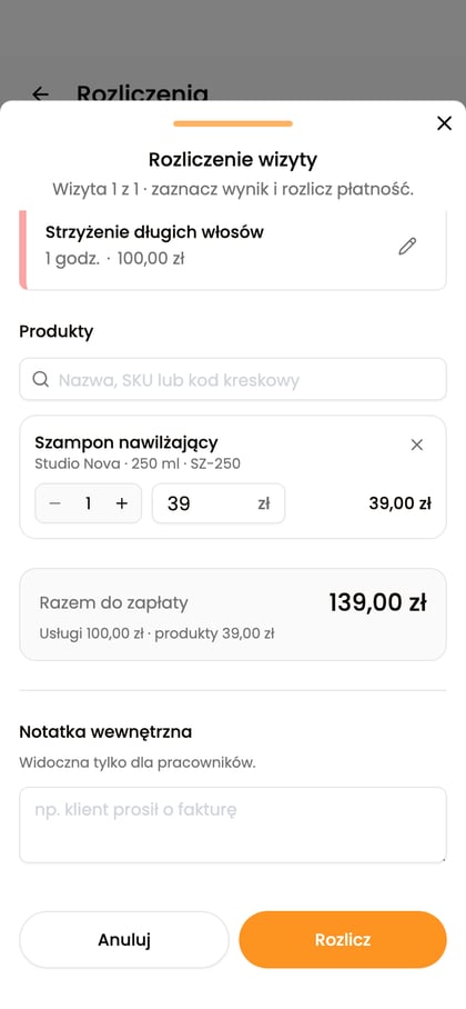 Podsumowanie rozliczenia wizyty z kwotą „Razem do zapłaty” i przyciskiem „Rozlicz”.