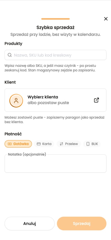 Okno Szybka sprzedaż z wyszukiwarką produktów i niewybranym klientem.
