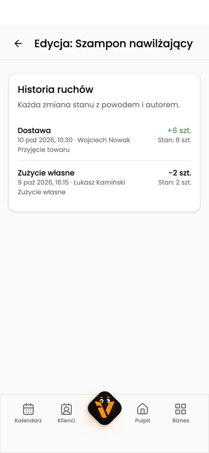 Nagłówek karty produktu „Szampon nawilżający” i historia ruchów z fikcyjnymi autorami.