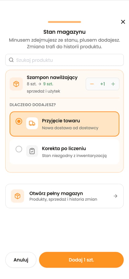 Okno „Stan magazynu” gotowe do dodania jednej sztuki z powodem „Przyjęcie towaru”.