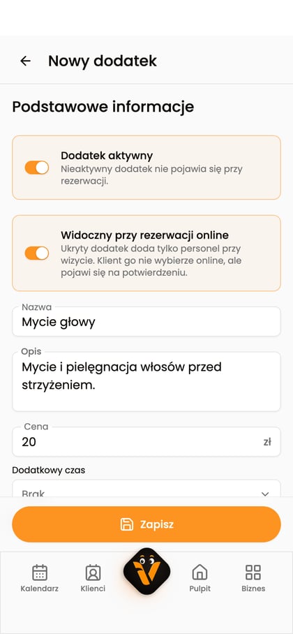 Formularz „Nowy dodatek” z nazwą „Mycie głowy”, opisem i ceną 20 zł.