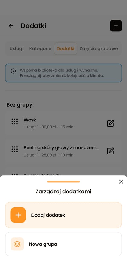 Lista dodatków z otwartym menu „Zarządzaj dodatkami” i akcją „Dodaj dodatek”.