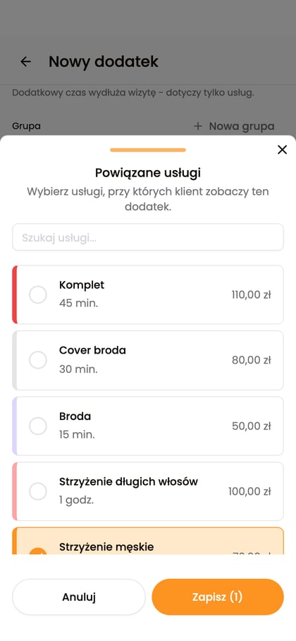 Wybór powiązanych usług dla dodatku „Mycie głowy”.
