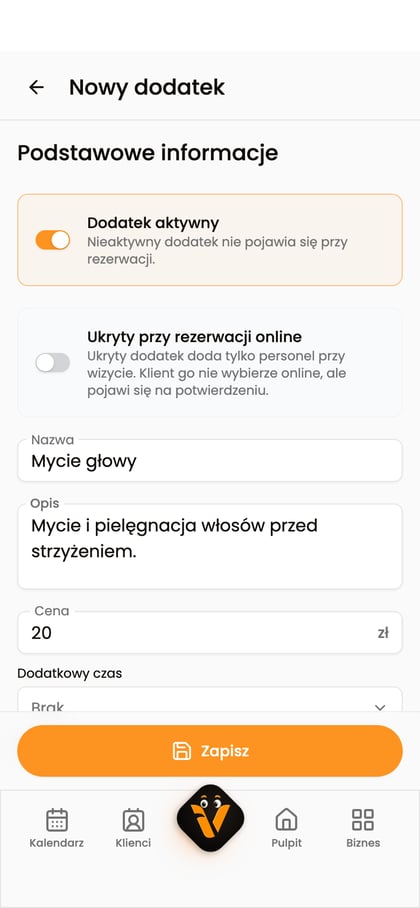 Aktywny dodatek ukryty przy rezerwacji online z przyciskiem „Zapisz”.
