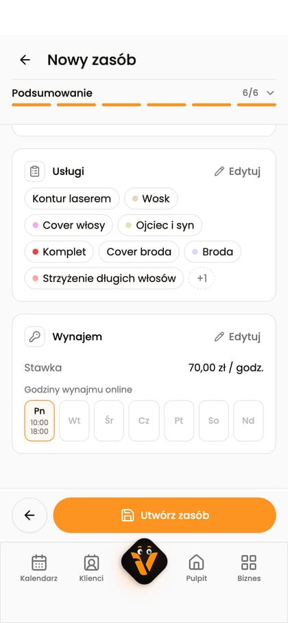 Podsumowanie zasobu „Fotel barberski” z konfiguracją wynajmu i przyciskiem „Utwórz zasób”.