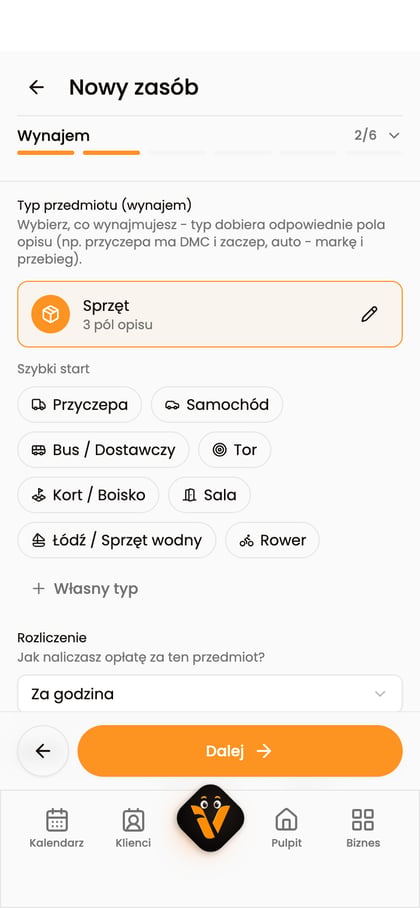 Krok „Wynajem” z wybranym typem „Sprzęt” i rozliczeniem za godzinę.