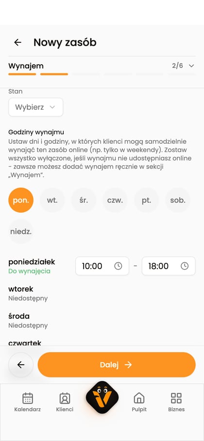 Sekcja „Godziny wynajmu” z poniedziałkiem ustawionym jako dostępny.