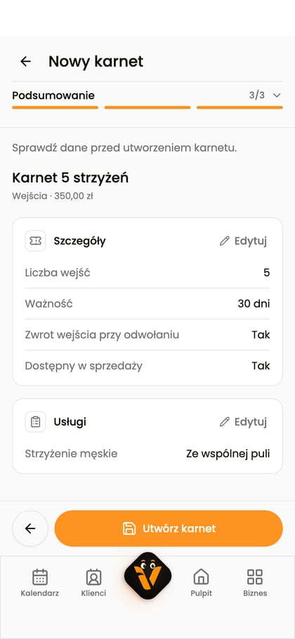 Podsumowanie karnetu „Karnet 5 strzyżeń” z usługą „Strzyżenie męskie” i przyciskiem „Utwórz karnet”.