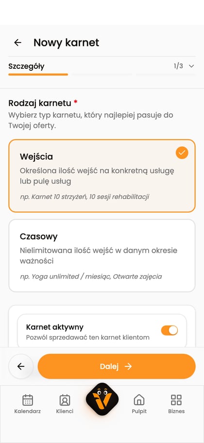 Kreator „Nowy karnet” z wybranym rodzajem „Wejścia”.