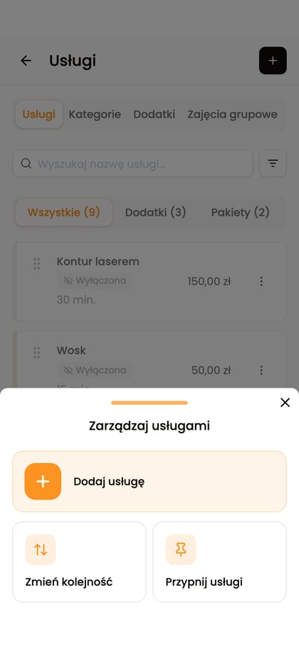 Lista usług z otwartym menu „Zarządzaj usługami” i akcją „Dodaj usługę”.