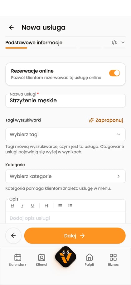 Kreator „Nowa usługa” z uzupełnioną nazwą „Strzyżenie męskie”.