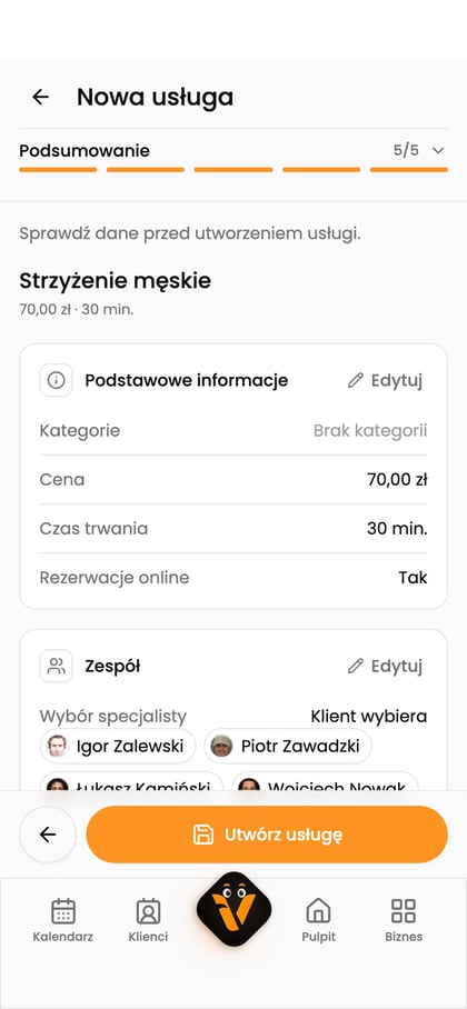 Podsumowanie usługi „Strzyżenie męskie” z przyciskiem „Utwórz usługę”.