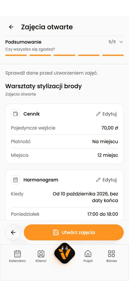Podsumowanie zajęć „Warsztaty stylizacji brody” z cennikiem, harmonogramem i przyciskiem „Utwórz zajęcia”.