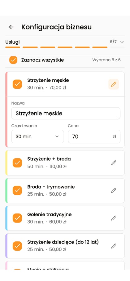 Edycja nazwy, czasu trwania i ceny usługi w kreatorze biznesu.