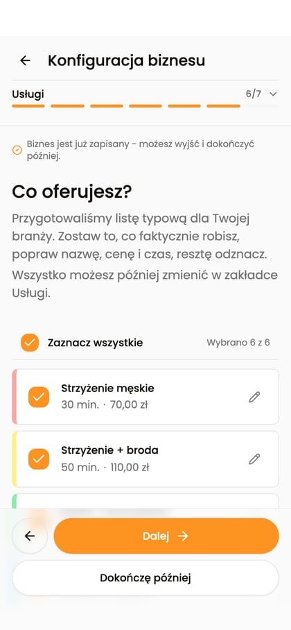 Lista propozycji usług z wyborem i liczbą zaznaczonych pozycji.