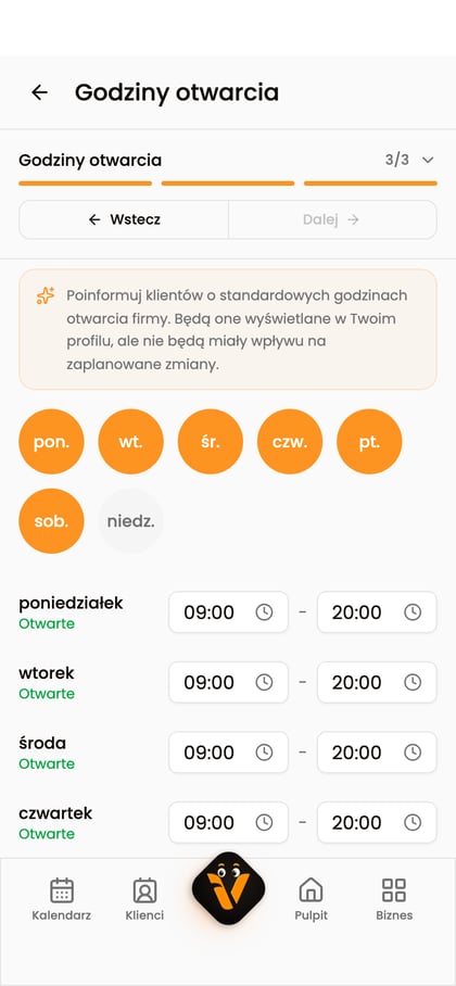 Dni otwarcia i pola Od oraz Do.