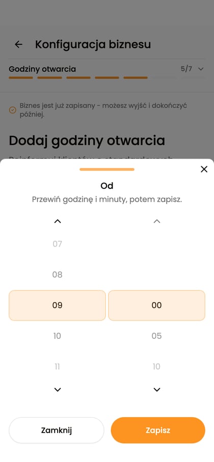 Otwarty dzień z polami „Od” i „Do” w kreatorze biznesu.