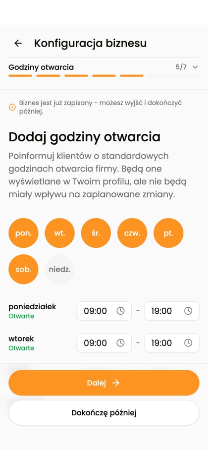 Krok „Godziny otwarcia” z otwartymi i zamkniętymi dniami tygodnia.