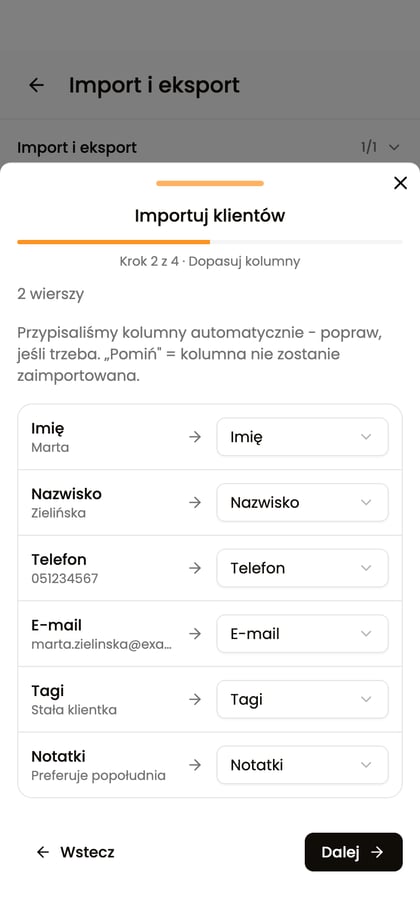 Ekran „Dopasuj kolumny” z przypisaniem kolumn pliku klientów do pól w Vizyto.