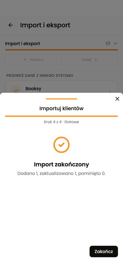 Ekran „Import zakończony” z podsumowaniem utworzonych i zaktualizowanych klientów.