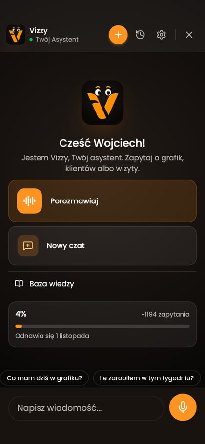 Panel Vizziego z polem wiadomości i przyciskiem Porozmawiaj.