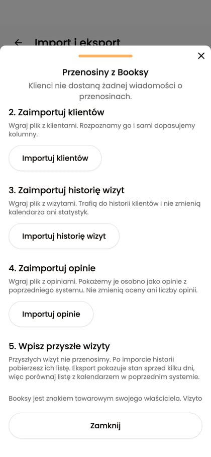 Przewodnik przenosin z przyciskiem „Importuj klientów”.