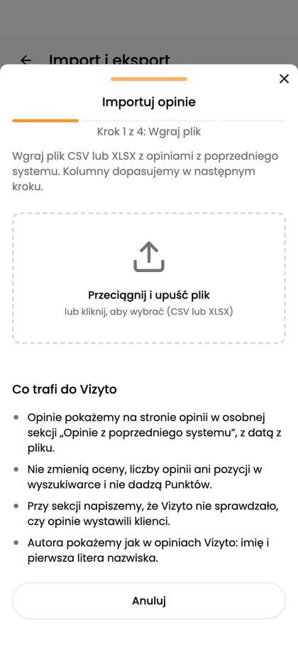 Krok „Wgraj plik” w imporcie opinii.
