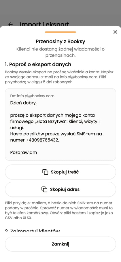 Przewodnik Przenosiny z Booksy z treścią prośby o eksport do skopiowania.