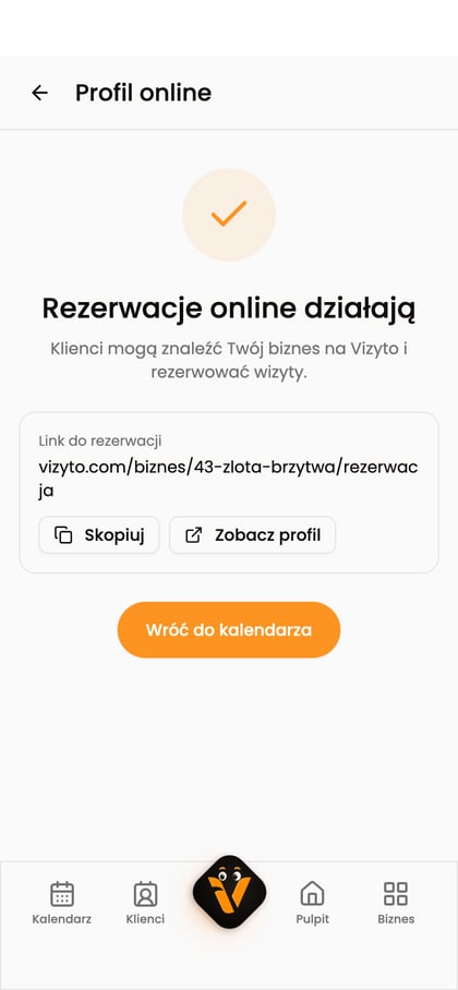 Rezerwacje online działają, link do rezerwacji i przyciski „Skopiuj” oraz „Zobacz profil”.