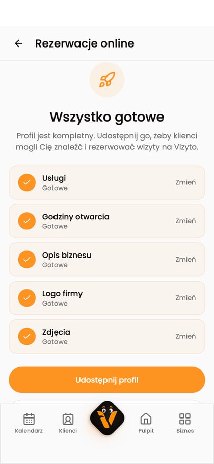 Ekran „Wszystko gotowe” z przyciskiem „Udostępnij profil”.