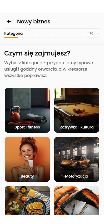 Ekran „Czym się zajmujesz?” z kaflami branż.