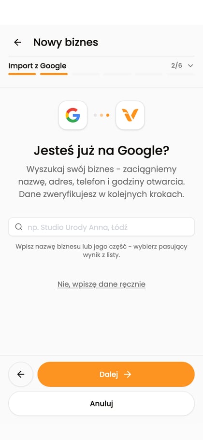 Krok „Import z Google” z wyszukiwarką i opcją ręcznego wpisania danych.