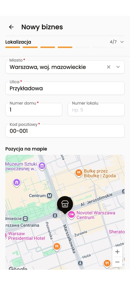 Krok „Lokalizacja” z adresem biznesu i mapą.