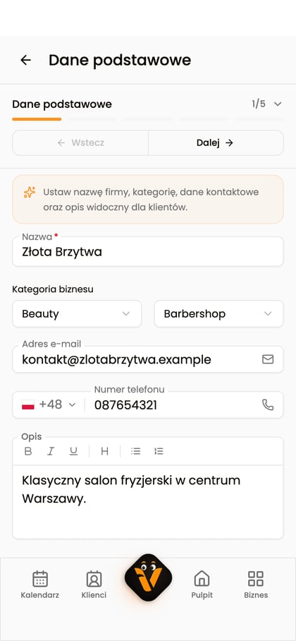 Pole „Opis biznesu” w danych podstawowych.