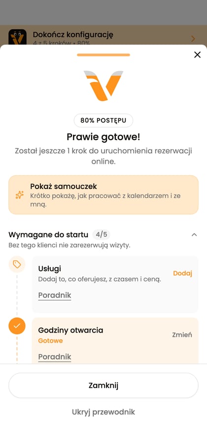 Przewodnik „Dokończ konfigurację” z sekcją „Wymagane do startu”.