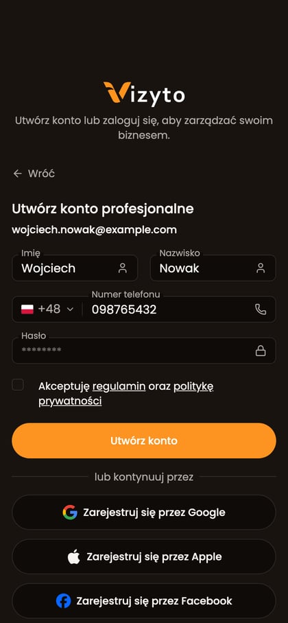 Formularz „Utwórz konto profesjonalne” z danymi osobowymi, telefonem, hasłem i zgodą.