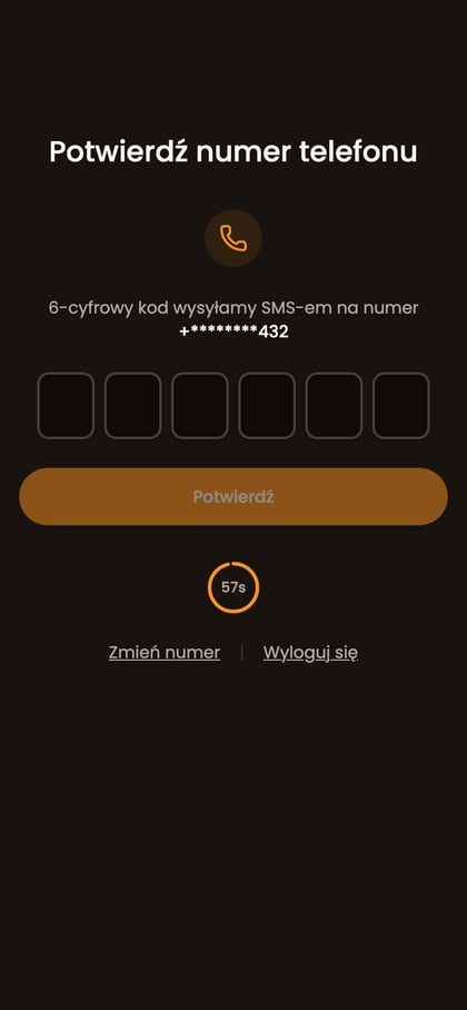 Ekran „Potwierdź numer telefonu” z polami na sześciocyfrowy kod.