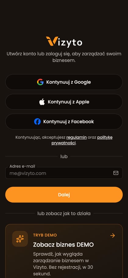 Ekran logowania z polem „Adres e-mail” i metodami logowania.