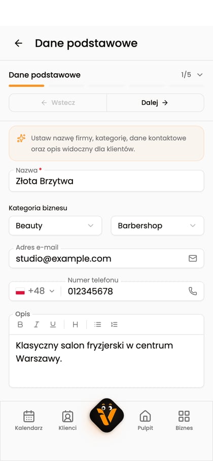 Sekcja „Dane podstawowe” biznesu z uzupełnionym opisem Złotej Brzytwy.